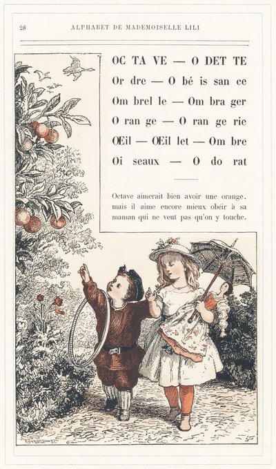 Octave, Odette, Ordem, Obediência, Guarda-chuva, Sombra, Laranja, Orangerie, Olho, Cravo, Sombra, Pássaros, Cheiro, página 28 - Alfabeto de Mademoiselle Lili, por L. Froelich e por um pai (o próprio Hetzel). Biblioteca e Loja de Educação e Recreação J. Het de Lorentz Froelich