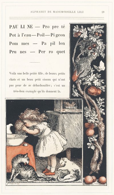 Pauline, Limpo, Pote de água, Cabelo, Pombo, Maçãs, Borboleta, Ameixas, Papagaio, página 29 - Alfabeto de Mademoiselle Lili, de L. Froelich e de um pai (o próprio Hetzel). Bibliotheque  Magasin d