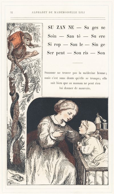 Suzanne, Sabedoria, Cuidado, Saúde, Açúcar, Xarope, Salgueiro, Macaco, Cobra, Rato, Som, página 32 - Alfabeto de Mademoiselle Lili, de L. Froelich e de um pai (o próprio Hetzel). Bibliotheque  Magasin d