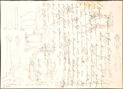 Esboços de móveis desenhados sobre uma carta de Lorenz Frølich