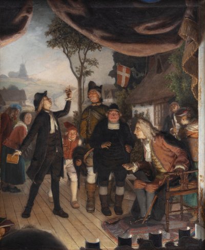 Ludvig Holberg assistindo a um ensaio de sua peça Erasmus Montanus, Ato IV, Cena 2 de Lorenz Frølich