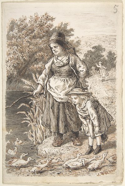 Mulher e criança junto a um lago de patos de Lorenz Frølich