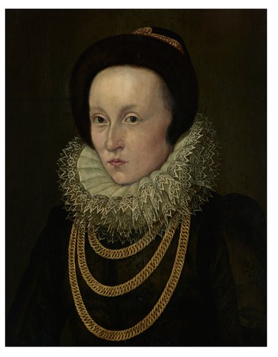 Retrato de uma mulher, à altura do busto, com um folho de renda e correntes de ouro de Lorenz Strauch