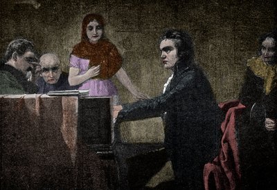 Ludwig van Beethoven toca a sonata Moonlight - gravura após Lorenz Vogel - Ludwig van Beethoven (1770-1827), músico alemão, tocando a sonata em UT menor (Moonlight - Moonlight) após a pintura de Lorenz Vogel (1846-1902) de Lorenz Vogel