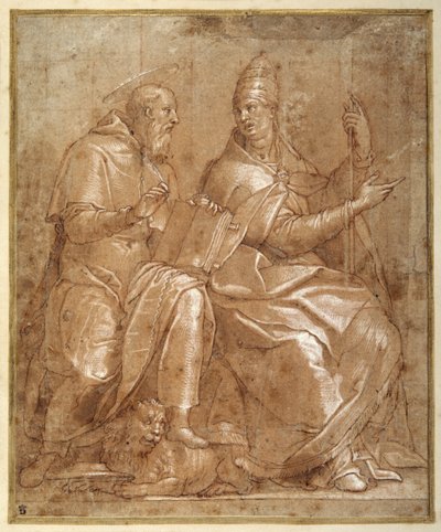 São Jerônimo conversando com São Gregório o Grande (caneta e tinta marrom com lavagem marrom-avermelhada e aumento de altura) de Lorenzo (c.1530 76) Sabatini