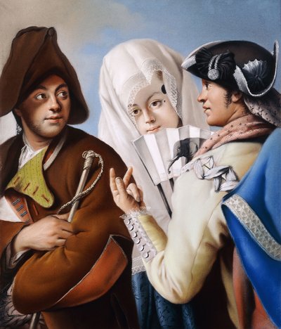 Um cavalheiro de chapéu frígio sendo abordado por um cavalheiro de casaco amarelo e chapéu tricolor preto com uma dama de brocado azul e mantilha branca, de Lorenzo Baldissera Tiepolo