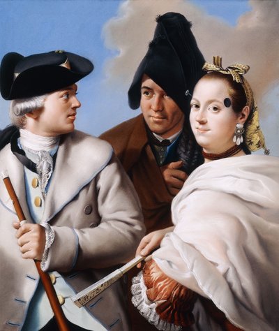 Um cavalheiro com um chapéu tricolor segurando uma bengala, um cavalheiro com um chapéu frígio preto e uma jovem mulher com uma Mouche em um vestido vermelho, de Lorenzo Baldissera Tiepolo