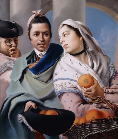 Uma garota de vestido rosa e xale branco oferecendo laranjas a um cavalheiro em uma capa verde segurando um chapéu tricolor observado por um cavalheiro com um óculos, de Lorenzo Baldissera Tiepolo