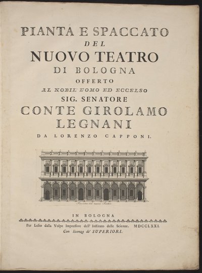 Pianta e spaccato del nuovo teatro di Bologna de Lorenzo Capponi, after Antonio Galli Bibiena