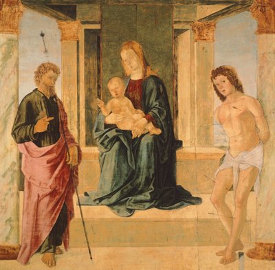 Virgem e Criança Entronizada, com São Tiago e São Sebastião (pintura) de Lorenzo Costa