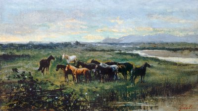 Cavalos selvagens, cerca de 1870, por Lorenzo Gelati (1824-1893), óleo sobre tela transferido em painel, 21x37 cm de Lorenzo Gelati