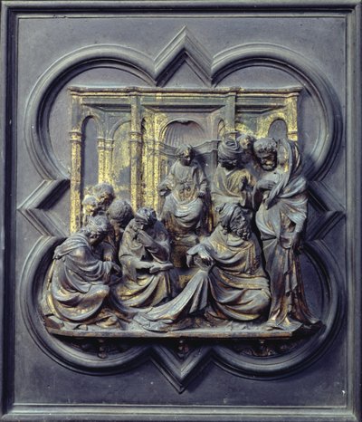 Christ Amongst the Doctors, quarto painel das Portas do Norte do Batistério de San Giovanni, 1403-24 (bronze) de Lorenzo Ghiberti