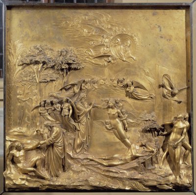 História da vida de Adão: o nascimento de Adão, a criação de Eva e Adão e Eva caçam do Paraíso. Painel original da porta do Paraíso de Lorenzo Ghiberti