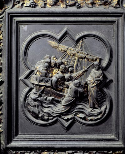 Jesus Anda na Água e Salva Pedro, oitavo painel das Portas do Norte do Batistério de San Giovanni, 1403-24 (bronze) de Lorenzo Ghiberti