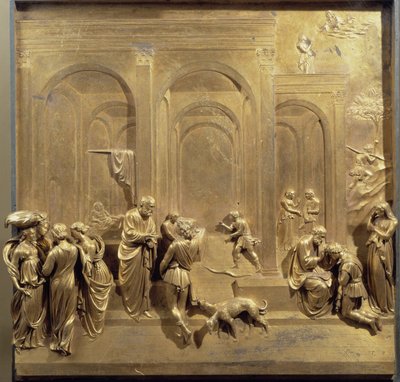 Vida de Jacó e Esaú: Esaú vende sua primogenitura e Isaque abençoa Jacó. Painel original da porta do Paraíso de Lorenzo Ghiberti