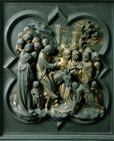 Porta Norte (chamada Porta da Cruz, no Norte), detalhe exterior: "a entrada para Jerusalém" escultura de bronze feita por Lorenzo Ghiberti (1378-1455) de Lorenzo Ghiberti