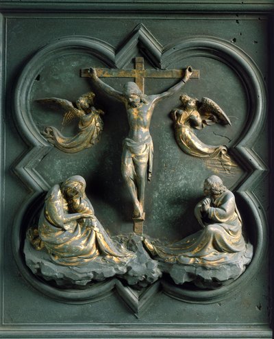 Porta Norte (chamada Porta da Cruz, no Norte), detalhe exterior: "a crucificação" escultura de bronze feita por Lorenzo Ghiberti (1378-1455) de Lorenzo Ghiberti