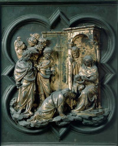 Porta Norte (chamada Porta da Cruz, para o Norte), detalhe exterior: Adoração dos Magos. Escultura em bronze feita por Lorenzo Ghiberti (1378-1455) de Lorenzo Ghiberti