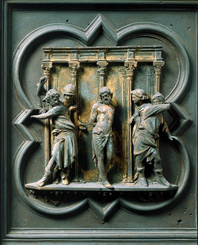 Porte Norte (chamada Porte de la Croix, no Norte), detalhe exterior: "la flagellation" escultura de bronze feita por Lorenzo Ghiberti (1378-1455) de Lorenzo Ghiberti