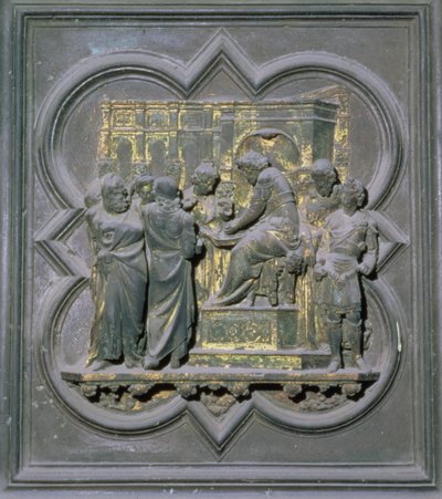 Pôncio Pilatos Lavando as mãos diante de Cristo, décimo sexto painel das Portas do Norte do Batistério de San Giovanni, 1403-24 (bronze) de Lorenzo Ghiberti