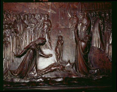 O Santuário de São Zenóbio, detalhe da criança morta, c.1432-42 detalhe em bronze de 97641 de Lorenzo Ghiberti