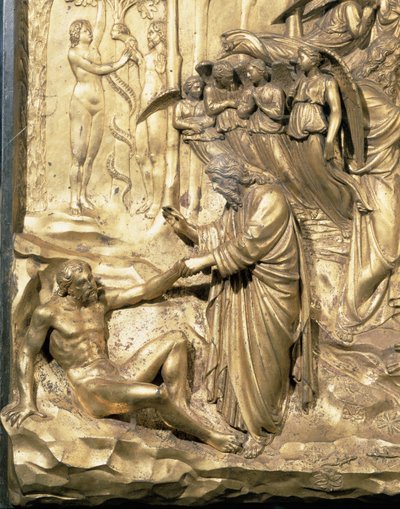 A História de Adão, detalhe da Criação de Adão e a Tentação de Adão e Eva, de um dos painéis originais das Portas Orientais do Batistério, restauro pós-bronze de 1425-52 de Lorenzo Ghiberti