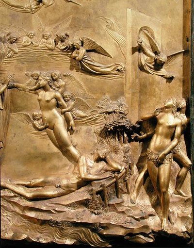 A História de Adão, detalhe da Criação de Eva e A Expulsão, de um dos painéis originais das Portas Orientais do Baptistério de Lorenzo Ghiberti
