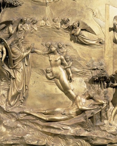 A História de Adão, detalhe da Criação de Eva, de um dos painéis originais das Portas Orientais do Batistério, 1425-52 restauro pós bronze de Lorenzo Ghiberti