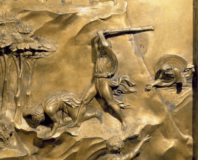 A História de Caim e Abel, detalhe do Abate de Abel, painel original das Portas do Leste do Batistério, 1425-52 restauro pós bronze de Lorenzo Ghiberti