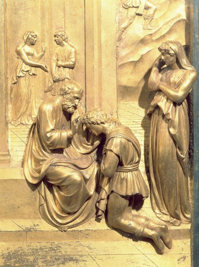 A História de Jacó e Esaú, detalhe de Isaac Bênção Jacó, do painel original das Portas do Leste do Batistério, 1425-52 restauro pós bronze de Lorenzo Ghiberti