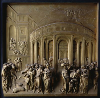 A história de Joseph: Joseph vendeu a escravidão, a descoberta da taça de prata e Joseph reconheceu por seus irmãos, um dos dez painéis de alívio dos Portões do Paraíso de Lorenzo Ghiberti