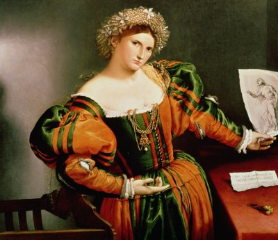 Uma Dama com um Desenho de Lucrécia, c.1530-33 (óleo sobre tela transferido da madeira) de Lorenzo Lotto