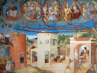 Christ-Vine e Legenda de Santa Bárbara por Lorenzo Lotto (ca. 1480 - 1556), fresco, detalhe, Villa Suardi, Capella Suardi, Trescore Balneario de Lorenzo Lotto