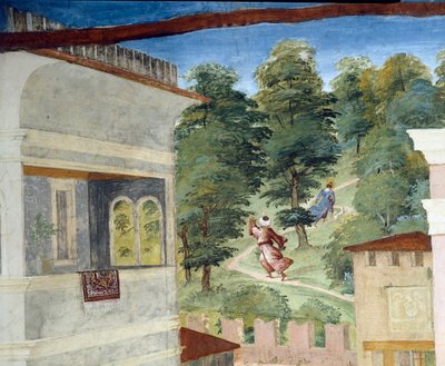Santa Bárbara sendo perseguida pela floresta, Christ-Vine e Legenda de Santa Bárbara por Lorenzo Lotto (ca. 1480 - 1556), afresco, detalhe Villa Suardi, Capela Suardi, Trescore Balneario, Itália de Lorenzo Lotto