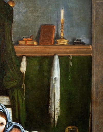 Prateleira com candelabro e livros, detalhe da Anunciação, ca 1434, de Lorenzo Lotto (1480-1556), óleo sobre tela de Lorenzo Lotto