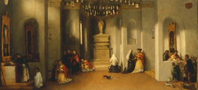 A vocação de Santa Lúcia, primeiro painel de predella de Altar de Santa Lúcia ou Santa Lúcia perante o Juiz por Lorenzo Lotto (1480 ca- 1556), óleo sobre painel, 32x69 cm de Lorenzo Lotto