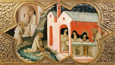 Altarpe da Coroação da Virgem (Incoronazione della Vergine). Detalhe representando cenas da vida de S. Benedito de Nursia de Lorenzo Monaco