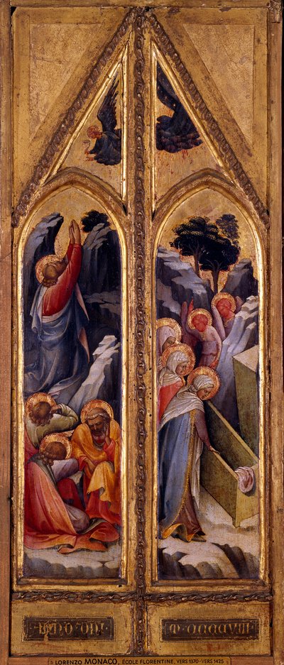 Jesus no Monte das Oliveiras e as santas mulheres no Túmulo Díptico de Lorenzo Monaco (1365/70-1425). Dim: 0,66 x 0,26 m. Paris, Musee Du Louvre de Lorenzo Monaco