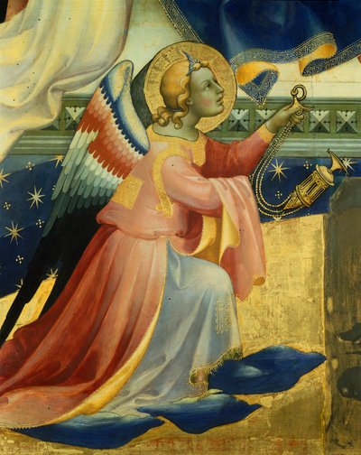 Anjo ajoelhado, detalhe do painel central da Coroação da Virgem por Lorenzo Monaco (cerca de 1370-1425), tempera e ouro no painel, 506x447, 5 cm de Lorenzo Monaco