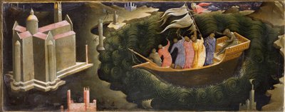 Representação de São Nicolau de Myra (ou Nicolau de Bari), que acalma o Tempete Nicolau de Myra, resgatando um barco do afundamento. Pintura em madeira por Lorenzo Monaco (ca. 1370-ca. 1423/1424) Florence, Galleria del 