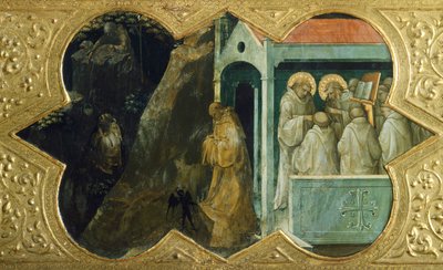 São Bento sendo tentado pelo diabo e São Bernardino em consistório, detalhe de predella de Coroação de Virgem por Lorenzo Monaco (1370-1423), tempera em painel, 450x350 cm, Políptico para altar-mor do mosteiro de Santa Maria degli Angeli, Florença de Lorenzo Monaco