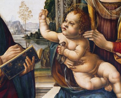 Menino Jesus, detalhe de Madonna e Criança com Santos de Lorenzo di Credi