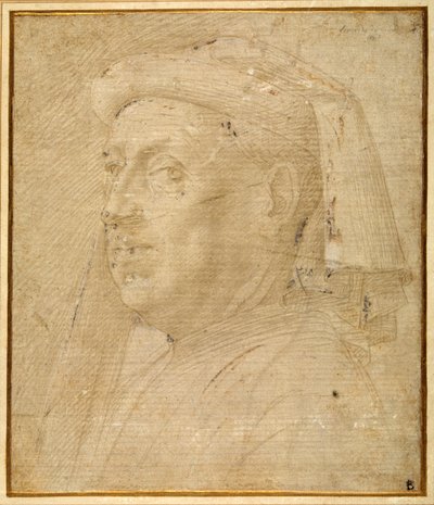 Busto de um homem vestindo um chaperon (ponto metálico elevado com branco sobre papel) de Lorenzo di Credi