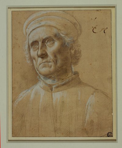 Busto de um homem idoso com boné redondo ... de Lorenzo di Credi