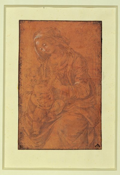 Madonna. Bico de prata, realçado a branco sobre papel rosa-salmão ... de Lorenzo di Credi