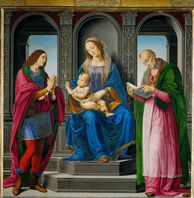 Nossa Senhora e o menino, rodeados por São Julião e São Nicolau de Myra ... de Lorenzo di Credi