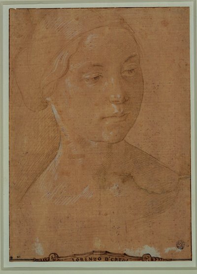 Retrato de uma mulher, rosto a três quartos, cabelos presos numa rede ... de Lorenzo di Credi