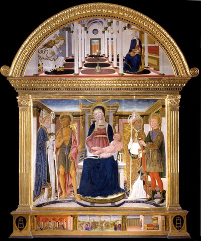 Madonna com Child e Saints Blaise, João Batista, Nicholas e Florian. A Anunciação, 1462 de Lorenzo di Pietro