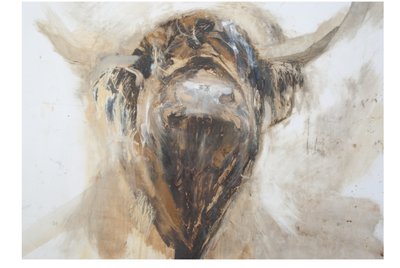 La Vache, Cow, 2015, (óleo e mídia mista no gesso no papel) de Lou Gibbs