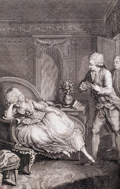 Gentilhomme declarando seu amor a uma senhora definhando sobre uma pastora - em "Les francaises ou 34 exemplos escolhidos nos costumes atuais adequados para conduzir filhas, esposas, mães" por Restif de La Bretonne (1734-1806), doente. por Binet, Neufchate de Louis (after) Binet